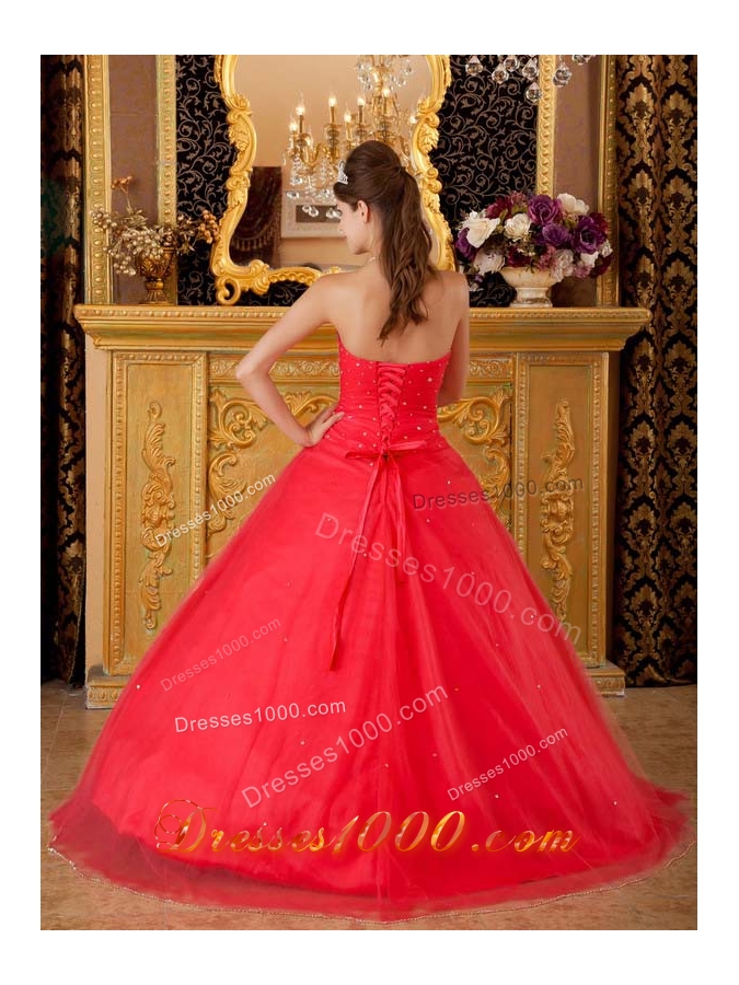2014 Princess Strapless Beading and Appliques Quinceanera Dresses in Red