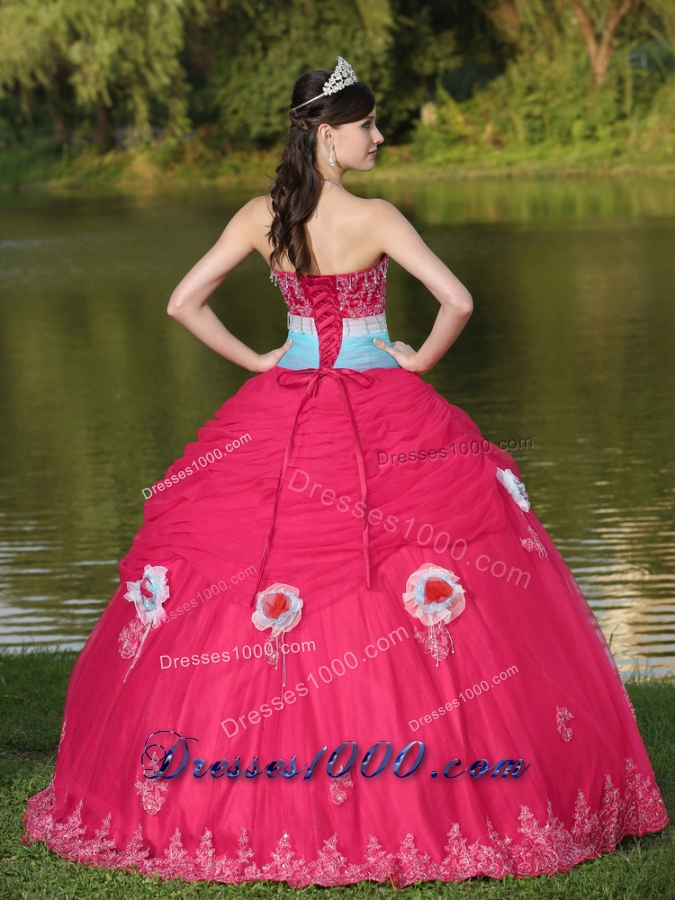 2014 Tulle Strapless Coral Red Quinceanera Dress with Hand Made Flowers