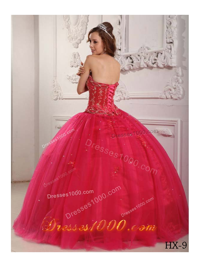 Elegant Puffy Strapless 2014 Beading Hot Pink Sweet 15 Dresses with Appliques