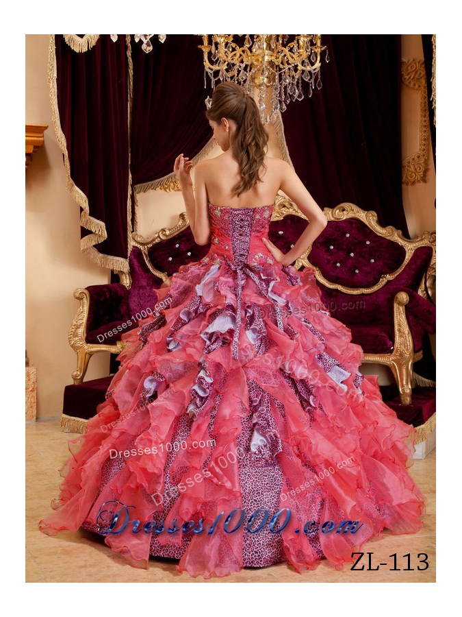 Elegant Puffy Watermelon Sweetheart Beading Leopard and Organza Quinceanera Dresses