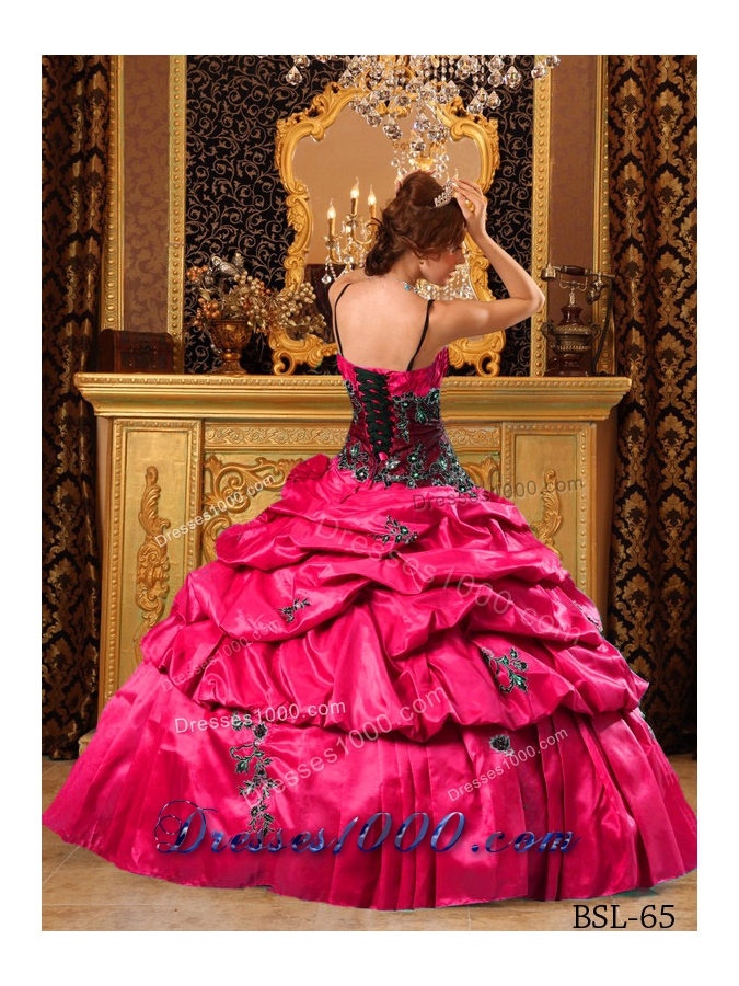 Exclusive Red Puffy Straps Pick-ups and Appliques Quinceanera Dress for 2014