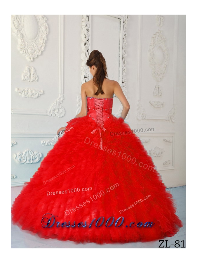 Exquisite Red Puffy Sweetheart Beading Quinceanera Dresses for 2014