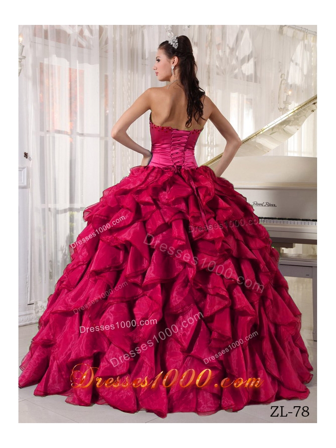 Modest Red Ball Gown Strapless for 2014 Beading Quinceanera Dress with Ruffles