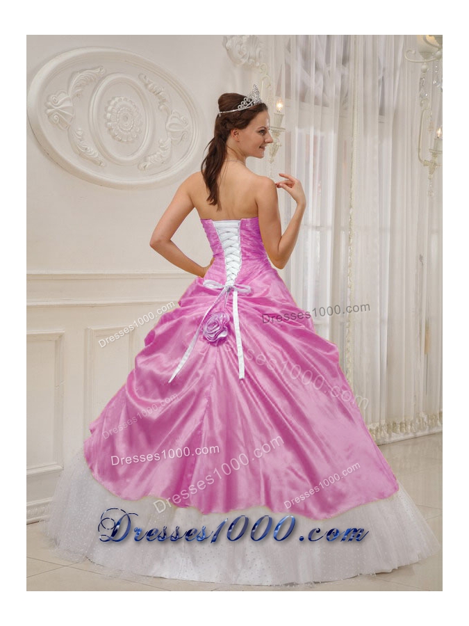 Pink and White Strapless Taffeta Quinceanera Dresses with Beading and Flowers