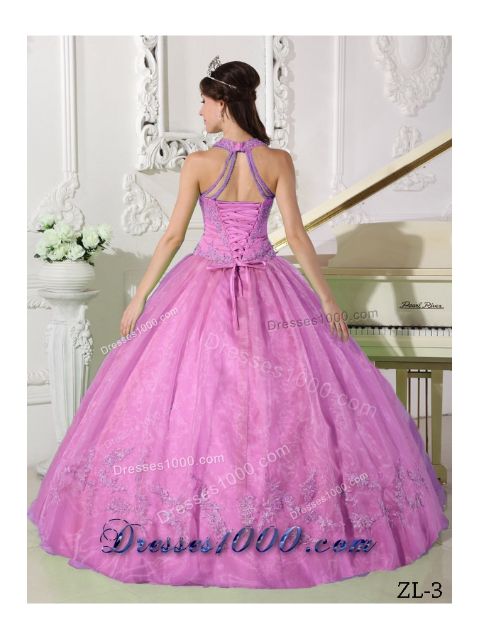 Popular Halter Organza Appliques Rose Pink Quinceanera Gowns with Appliques