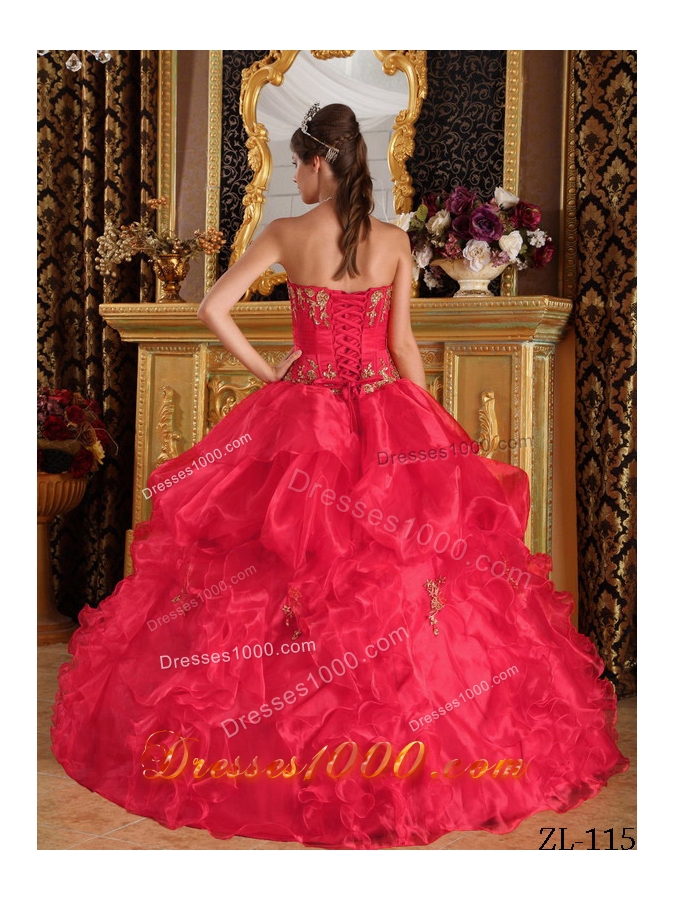 Pretty Red Puffy Strapless Appliques Quinceanera Dress for 2014