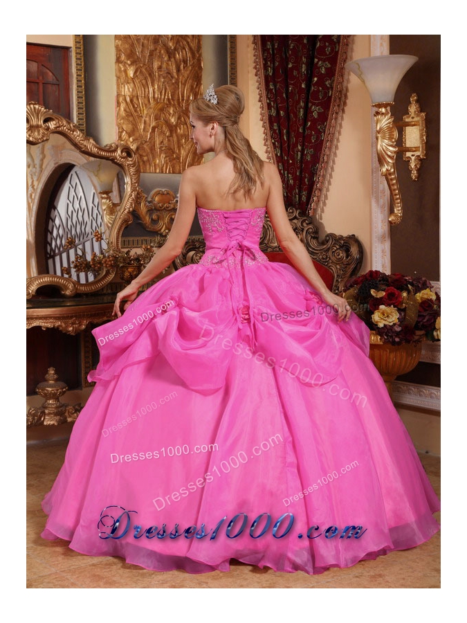 Puffy Sweetheart Organza Rose Pink Quinceanera Dresses with Appliques and Pick-ups