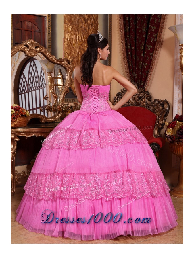 Rose Pink Ball Gown Strapless Organza Lace  Quinceanera Gown with Appliques