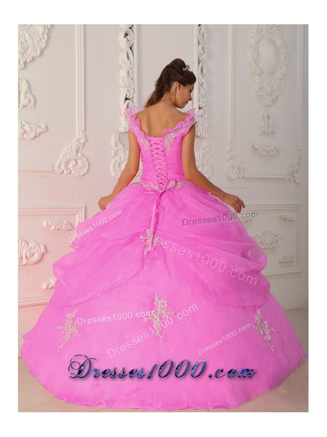 Rose Pink Ball Gown V-neck Organza Quinceanera Gown with Beading and Appliques