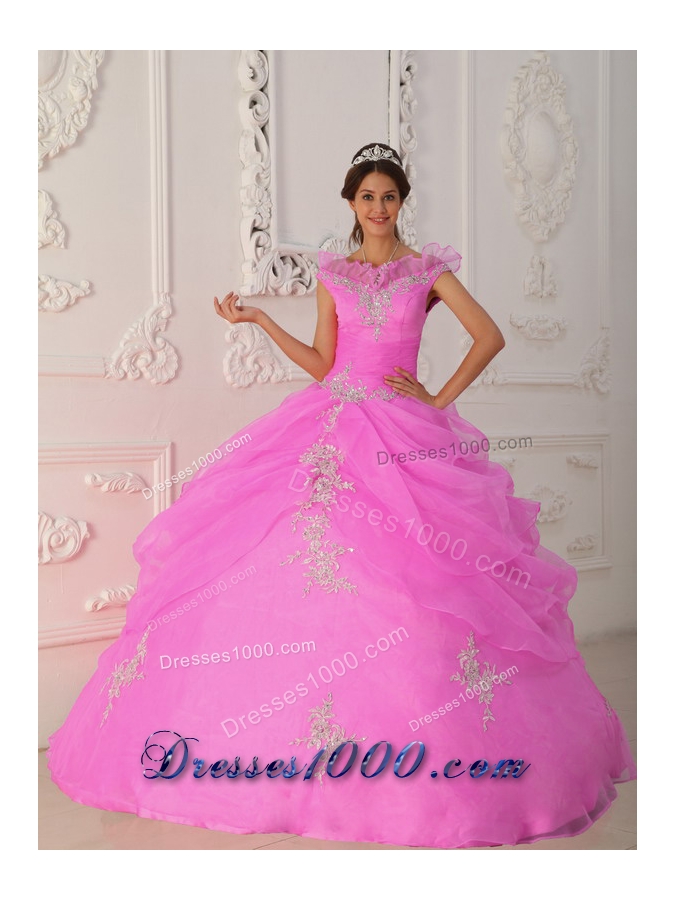 Rose Pink Ball Gown V-neck Organza Quinceanera Gown with Beading and Appliques