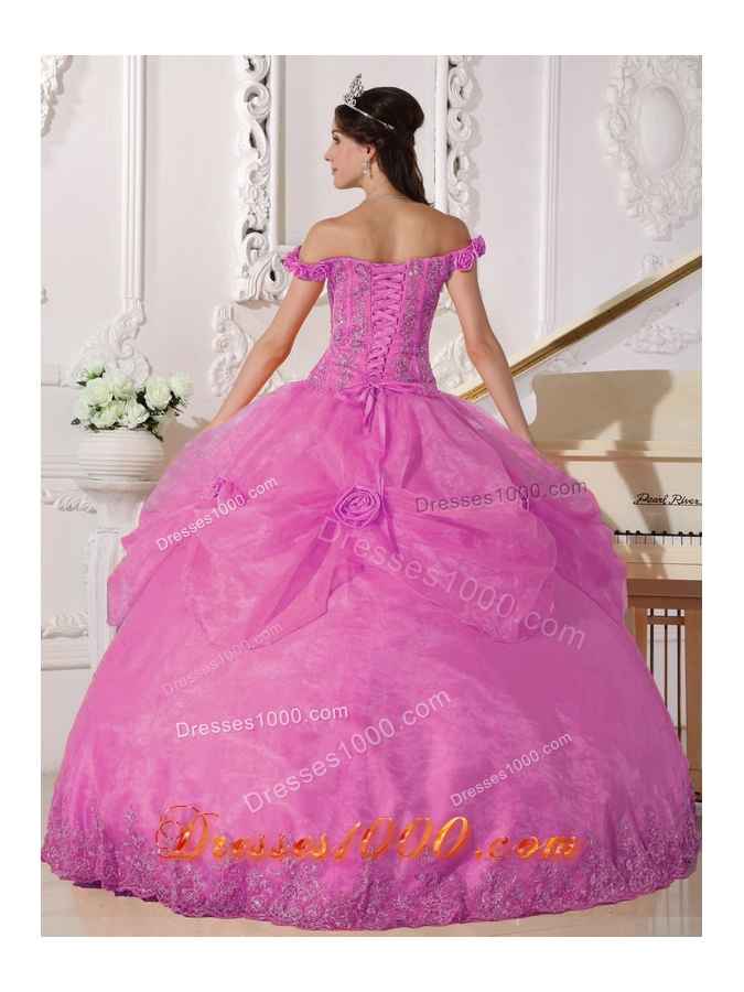 Rose Pink Off The Shoulder Organza Quinceanera Gowns with Appliques and Flowers