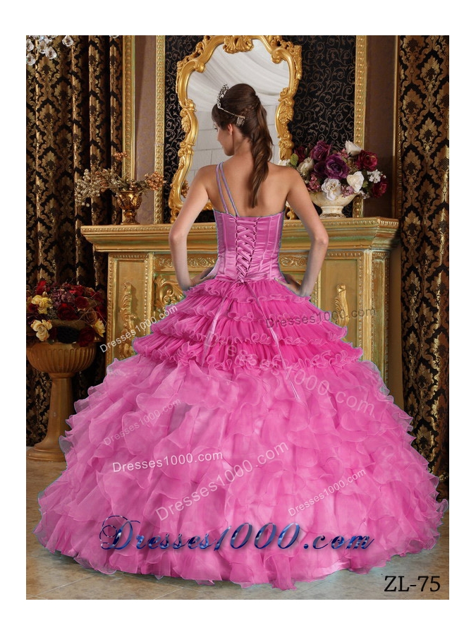 Rose Pink Princess One Shoulder Quinceanera Gowns with Appliques