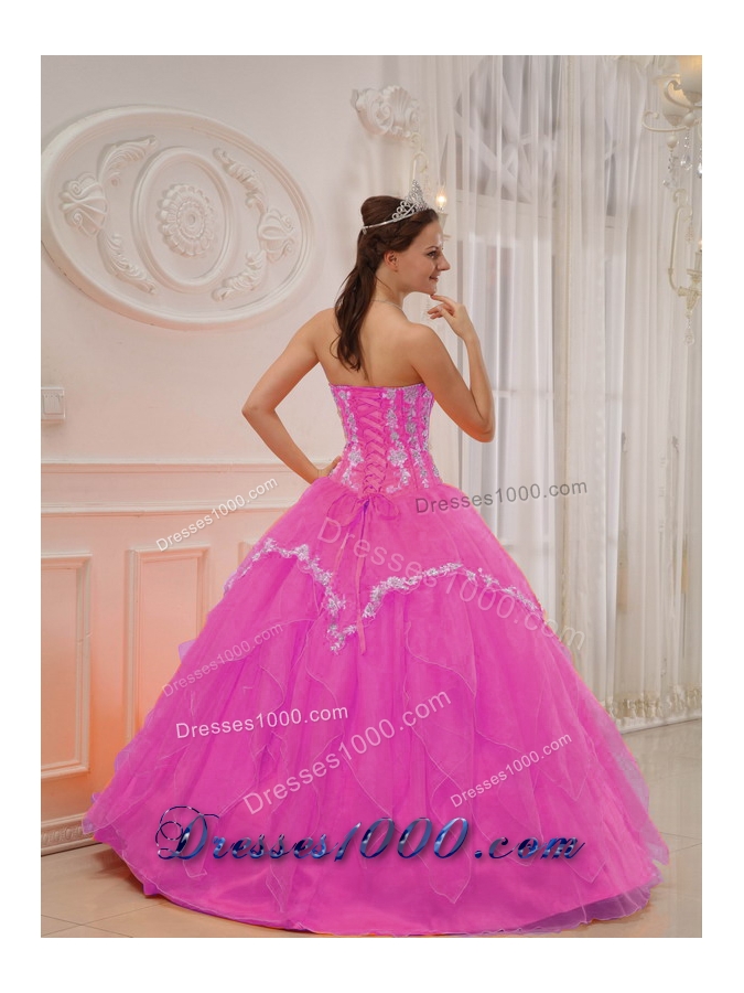 Rose Pink Princess Sweetheart Organza Quinceanera Gowns with Appliques