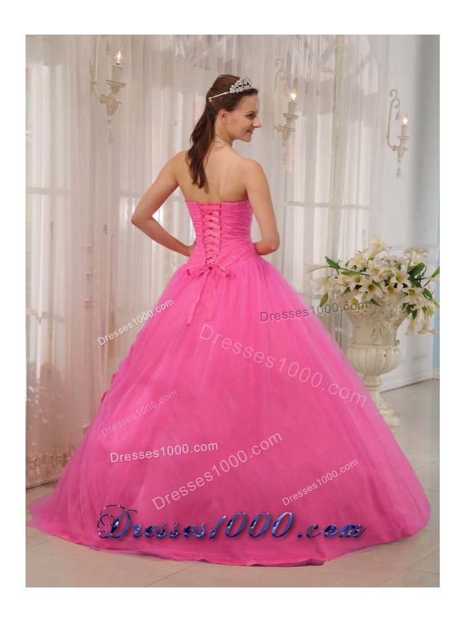 Rose Pink Princess Sweetheart Quinceneara Dresses with Flowers