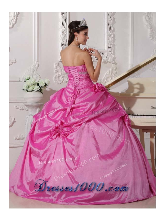 Rose Pink Puffy Sweetheart Sweet Sixteen Dresses with Flowers and Beading