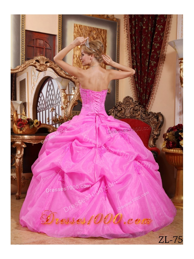 Rose Pink Strapless Organza Appliques and Pick-ups Dresses For a Quince