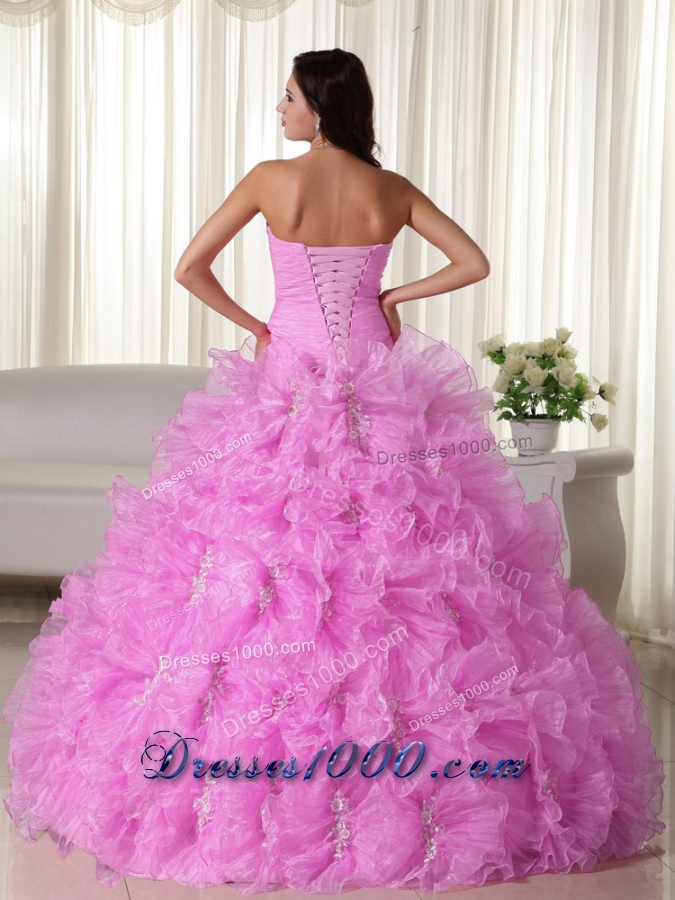 Rose Pink Strapless Organza Quinceanera Gowns with Ruffles and Appliques