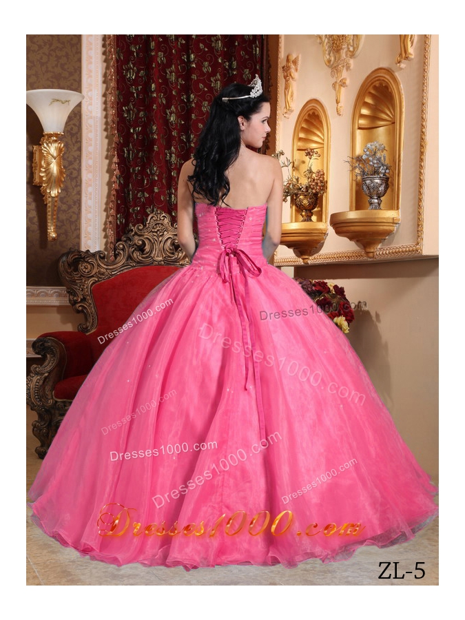 Rose Pink Strapless Organza Quinceneara Dresses with Appliques