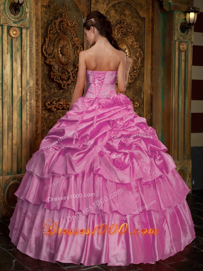 Rose Pink Strapless Quinceanera Gowns with Beading and Pick-ups