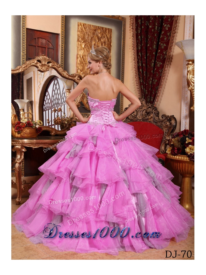 Rose Pink Sweetheart Organza Beading Quinceanera Dresses with Layers