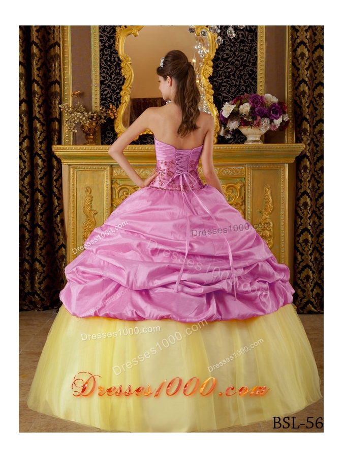 Strapless Beading and Flowers for Rose Pink and Yellow Quinceanera Dresses