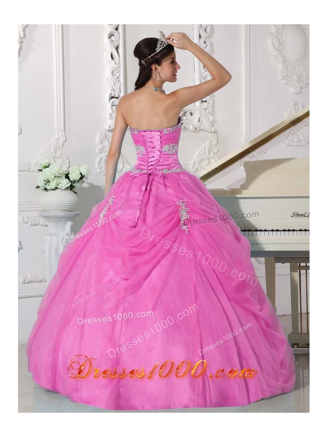 Strapless Cheap Rose Pink Sweet 15 Dresses with Flowers and Appliques
