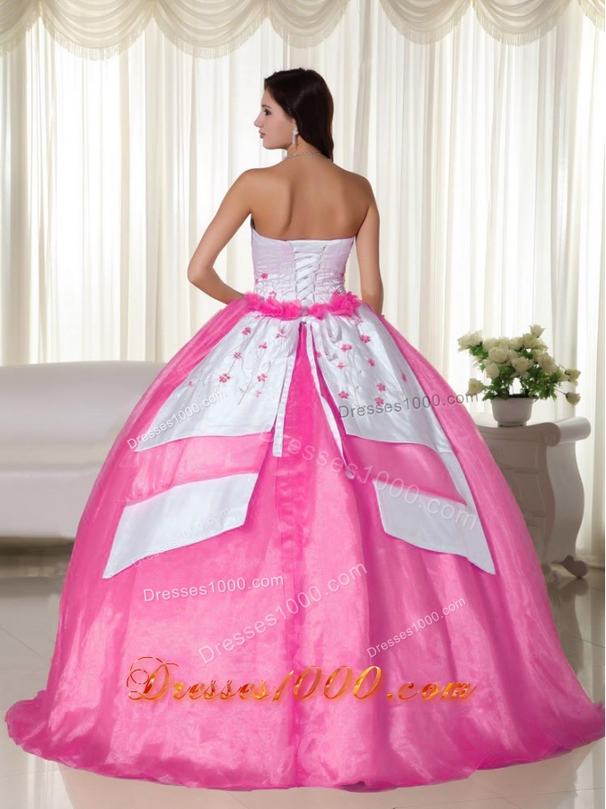 Strapless Organza Rose Pink Quinceanera Dress with Appliques