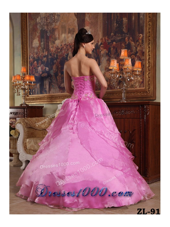 Strapless Organza Rose Pink Quinceneara Dresses with Beading and Layers