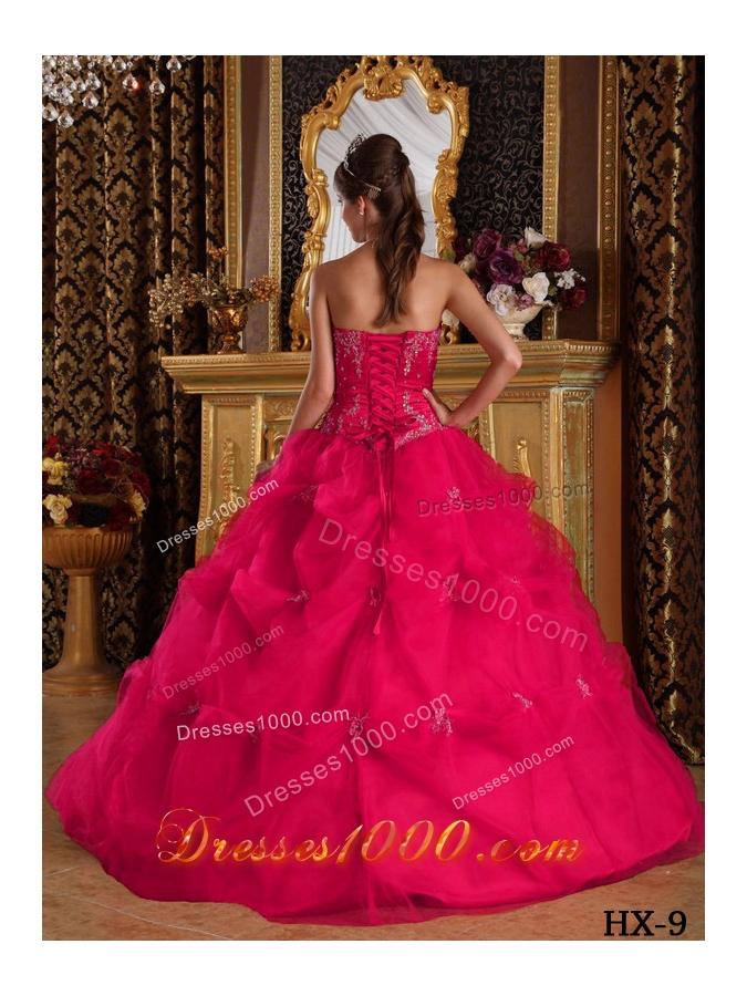 Sweet Hot Pink Puffy Strapless Beading and Appliques for 2014 Quinceanera Dresses