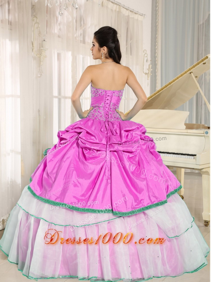 Sweetheart Pick-ups For Rose Pink and White Quinceanera Dress with Layers