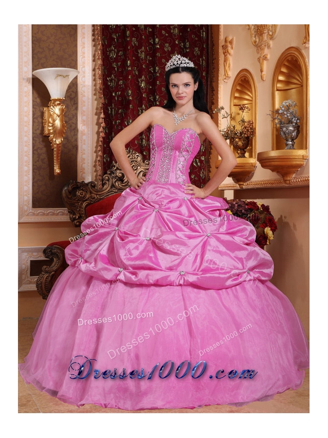 Sweetheart Rose Pink Quinceanera Dress with Beading and Pick-ups