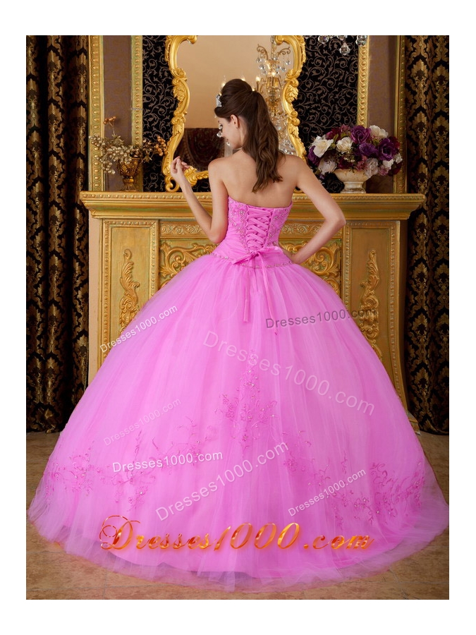 Sweetheart Tulle Appliques Rose Pink Quinceanera Gowns with Appliques