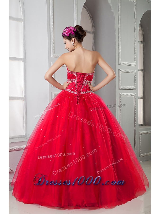 2014 Pretty Princess Red Puffy Sweetheart Beading Quinceanera Dressses