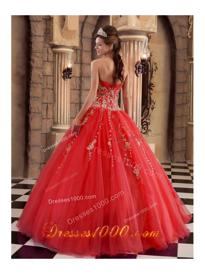 2014 Pretty Red A-line Appliques and Beading Quinceanera Dresses