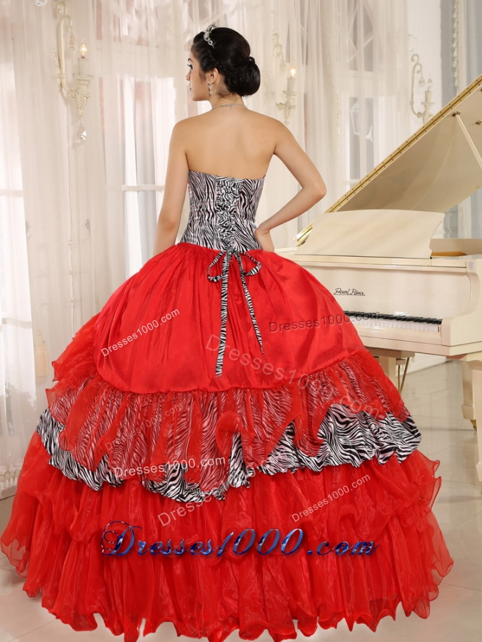 2014 Wholesale Red Sweetheart Zebra Quinceanera Dresses With Beading