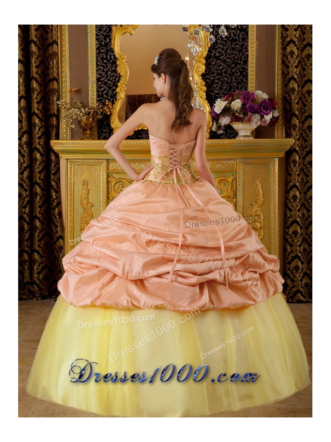 Baby Pink and Yellow Quincianera Dresses with Beading and Flowers