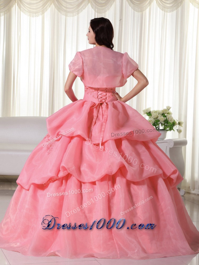Discount Strapless Organza Hand Made Flowers Quinceanera Dress with Pick-ups