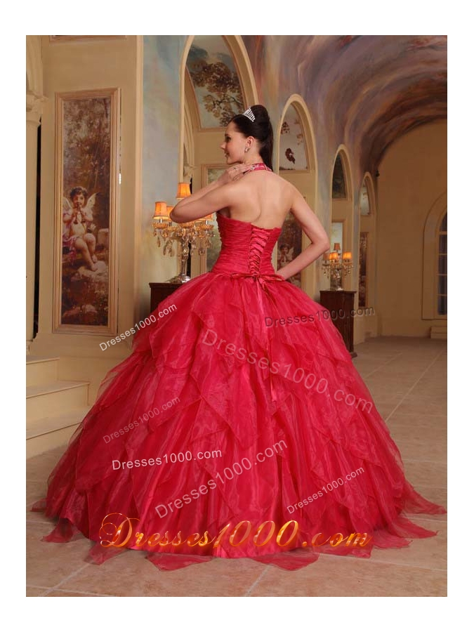 Exclusive Red Puffy Halter 2014 Embroidery Quinceanera Dresses with Ruffles