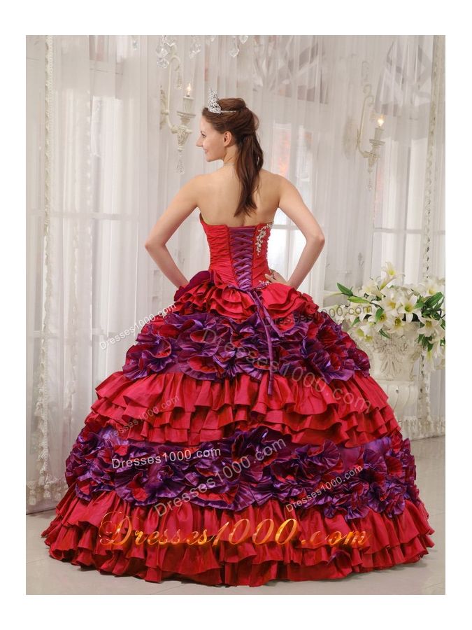 Lovely Red Puffy Strapless Appliques and Ruching 2014 Quinceanera Dresses