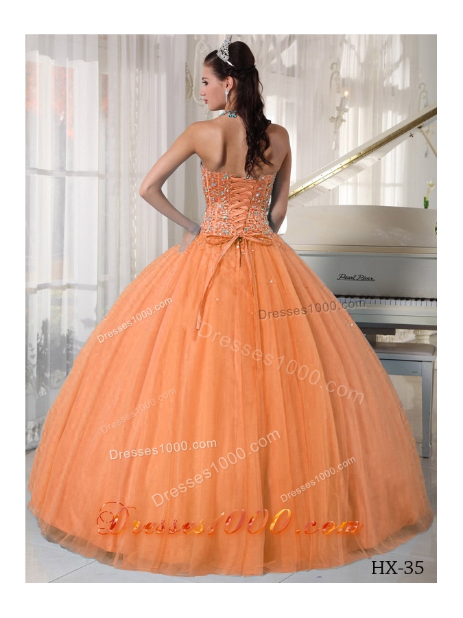 Orange Sweetheart Beaded Puffy Dress For Quinceaneras