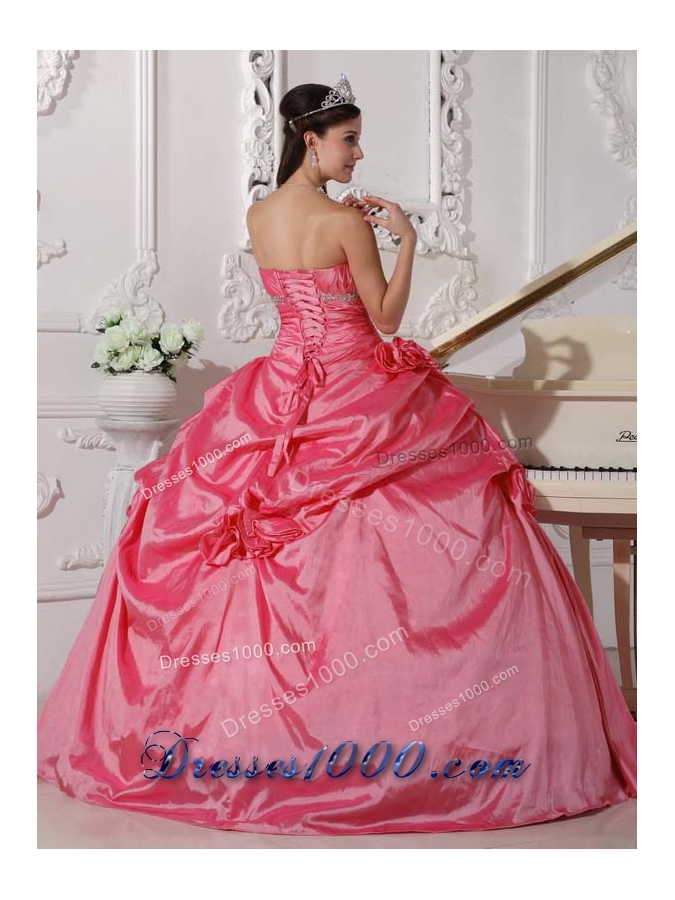Pink Puffy Sweetheart Sweet Sixteen Dresses with Hand Made Flowers and Beading