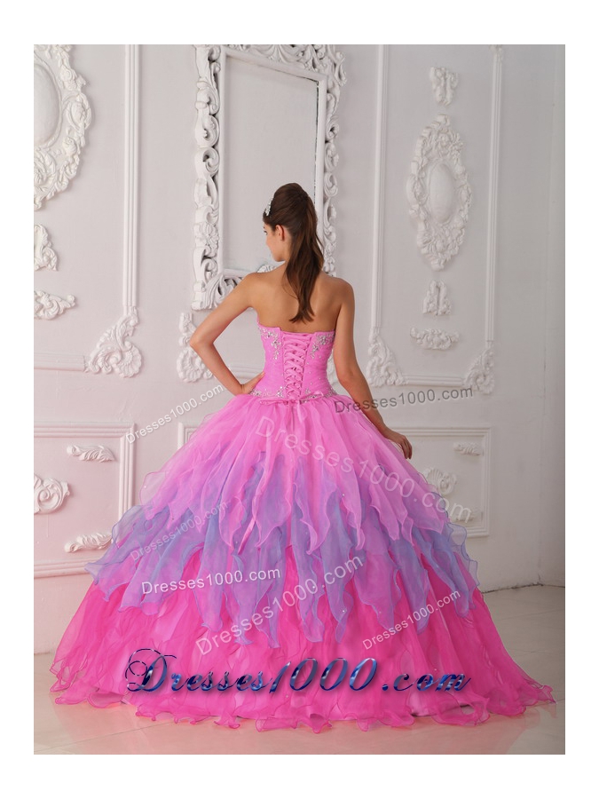 Pink Sweetheart Organza Quinceneara Dresses with Beading and Ruffles