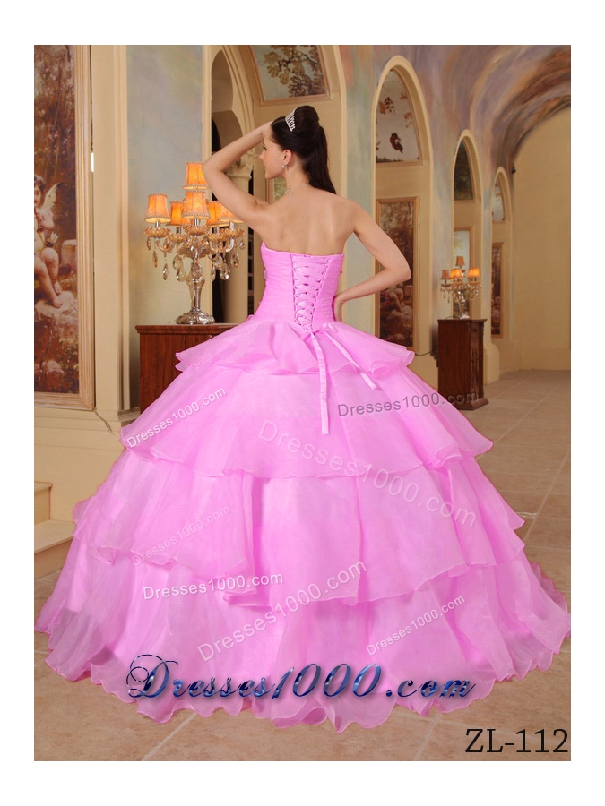 Pink Sweetheart Organza Sweet 15 Dresses with Beading and Layers