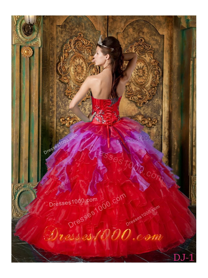 Red Puffy Strapless 2014 Ruffles Quinceanera Dresses with Sequins