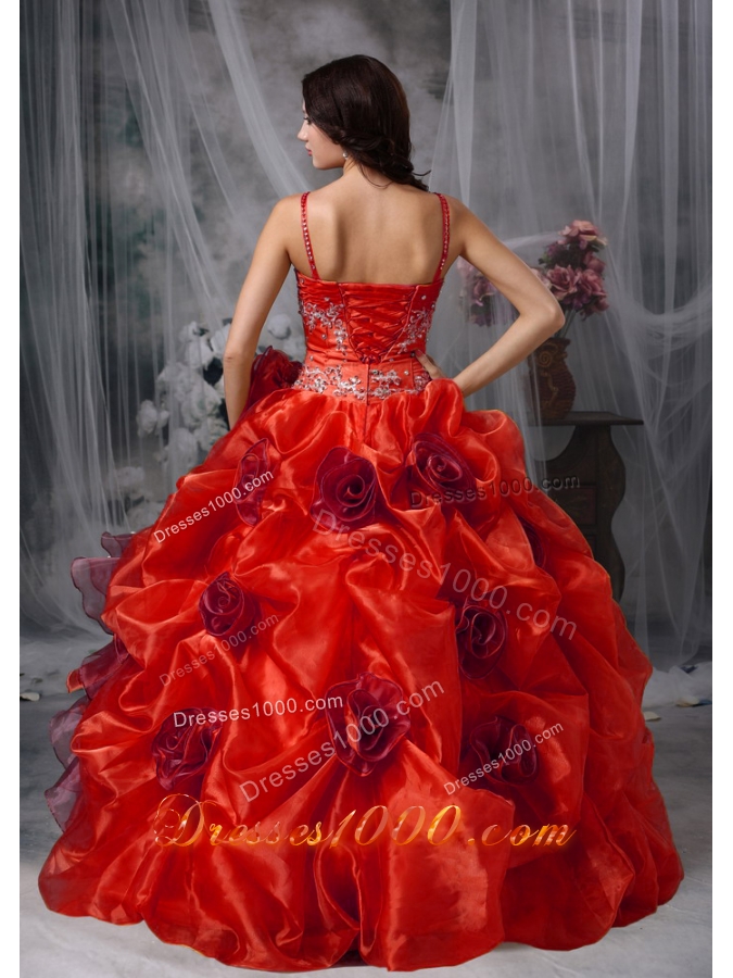 Red Spaghetti Straps Organza Beading and Ruffles Sweet Sixteen Dresses