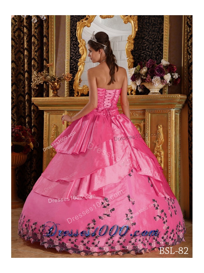 Sweetheart Taffeta Appliques Pink Quinceanera Dress with Appliques