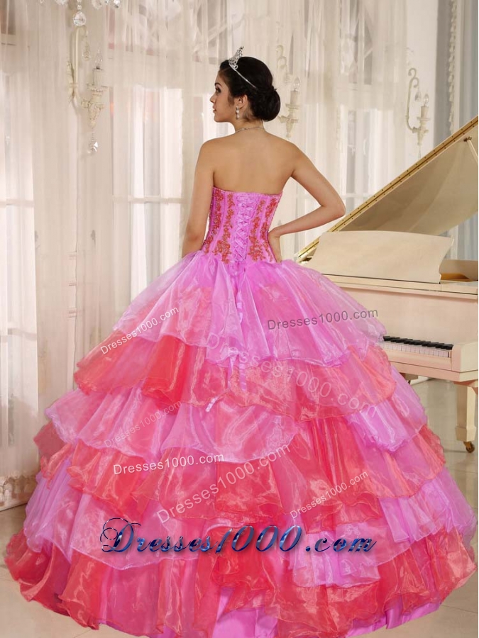 Customize Ruflfled Layers and Appliques For Hot Pink and Red Quinceanera Dress