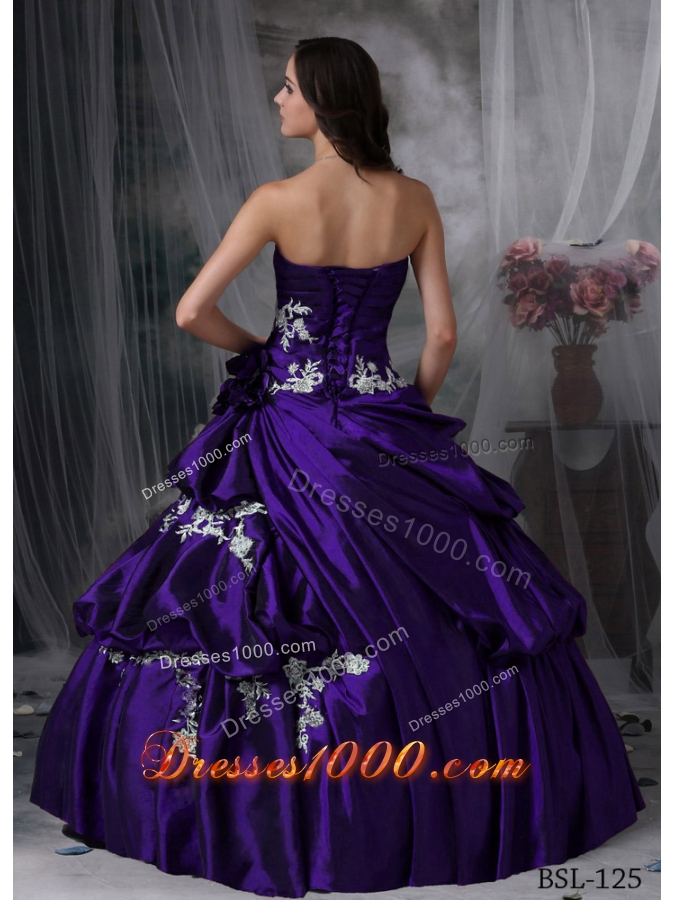 Affordable Strapless Taffeta Appliques Quinceanera Gowns with Flowers