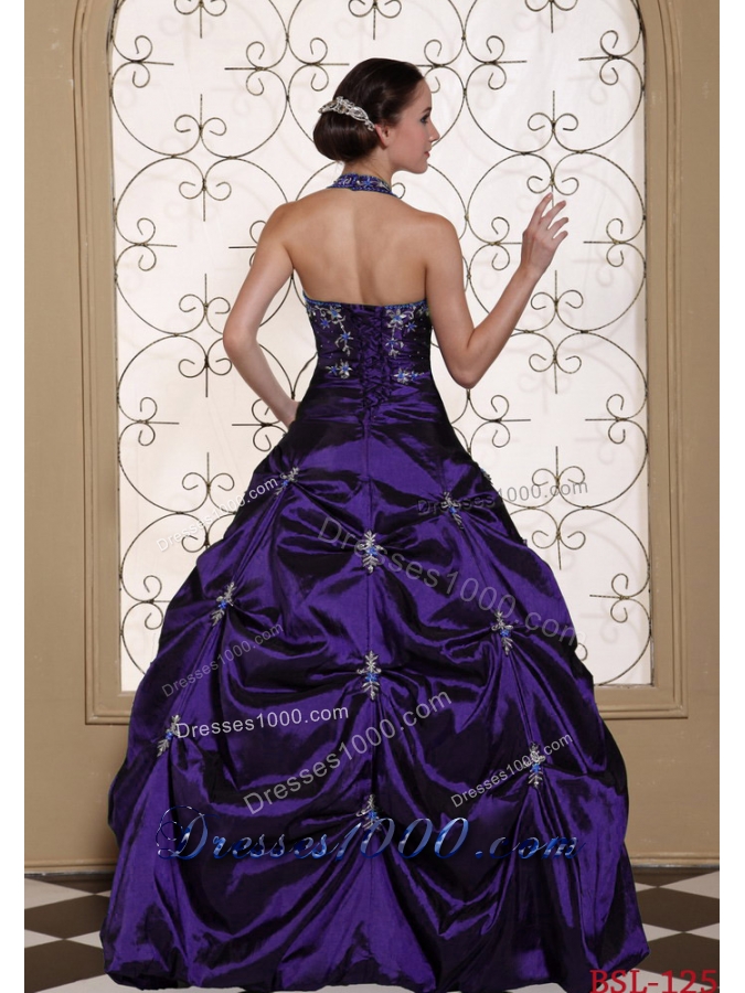 Halter Top Purple Quinceanera Gowns with Embroidery and Beading