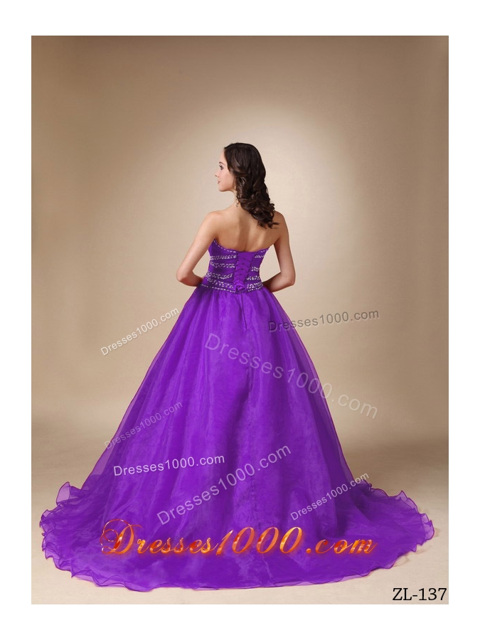 Princess Sweetheart Sweep Train Organza Sweet 16 Dresses with Beading